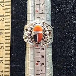 Native American Sterling Silver/Opal/SpinyLobster/Onyx Adjustable Ring Marked LP